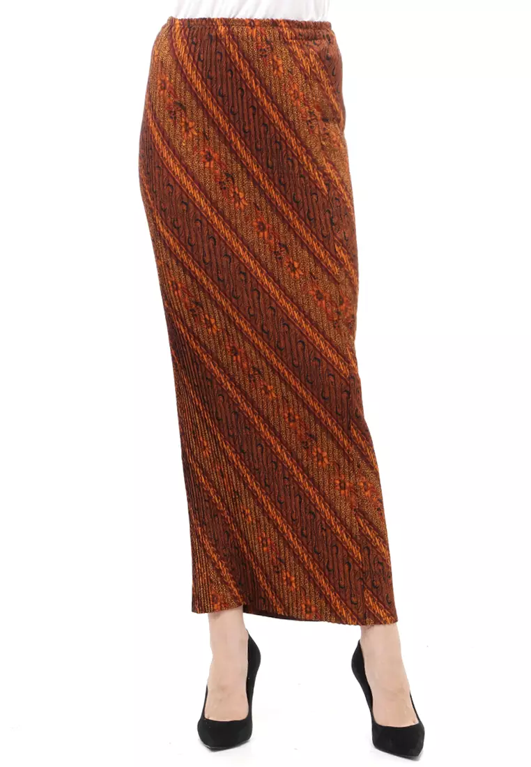Rok Plisket Motif Batik Bawahan Wanita Design Casual - Parang Coklat Maroon