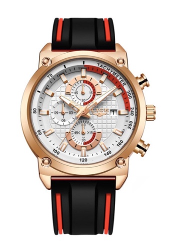LIGE black and red and gold LIGE Chronograph Unisex IP Gold color Stainless Steel Quartz Watch, White Dial, Red and Black Rubber Strap 1EAEFACB281D5DGS_1