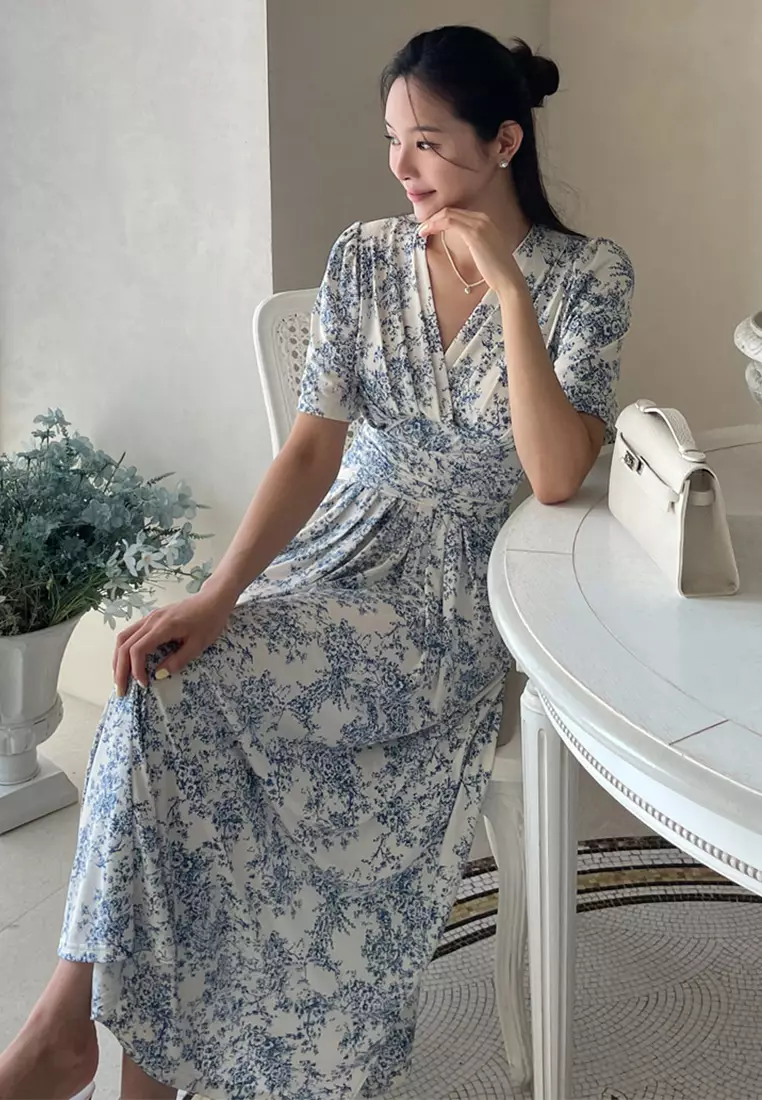 French style ink printed lace up dress CA25032714BL