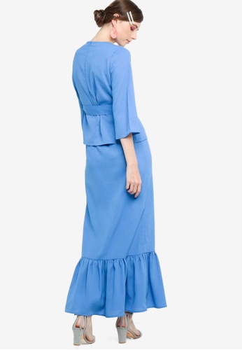 Buy Flared Sleeve Low Panel Skirt Set from Lubna in Blue at Zalora