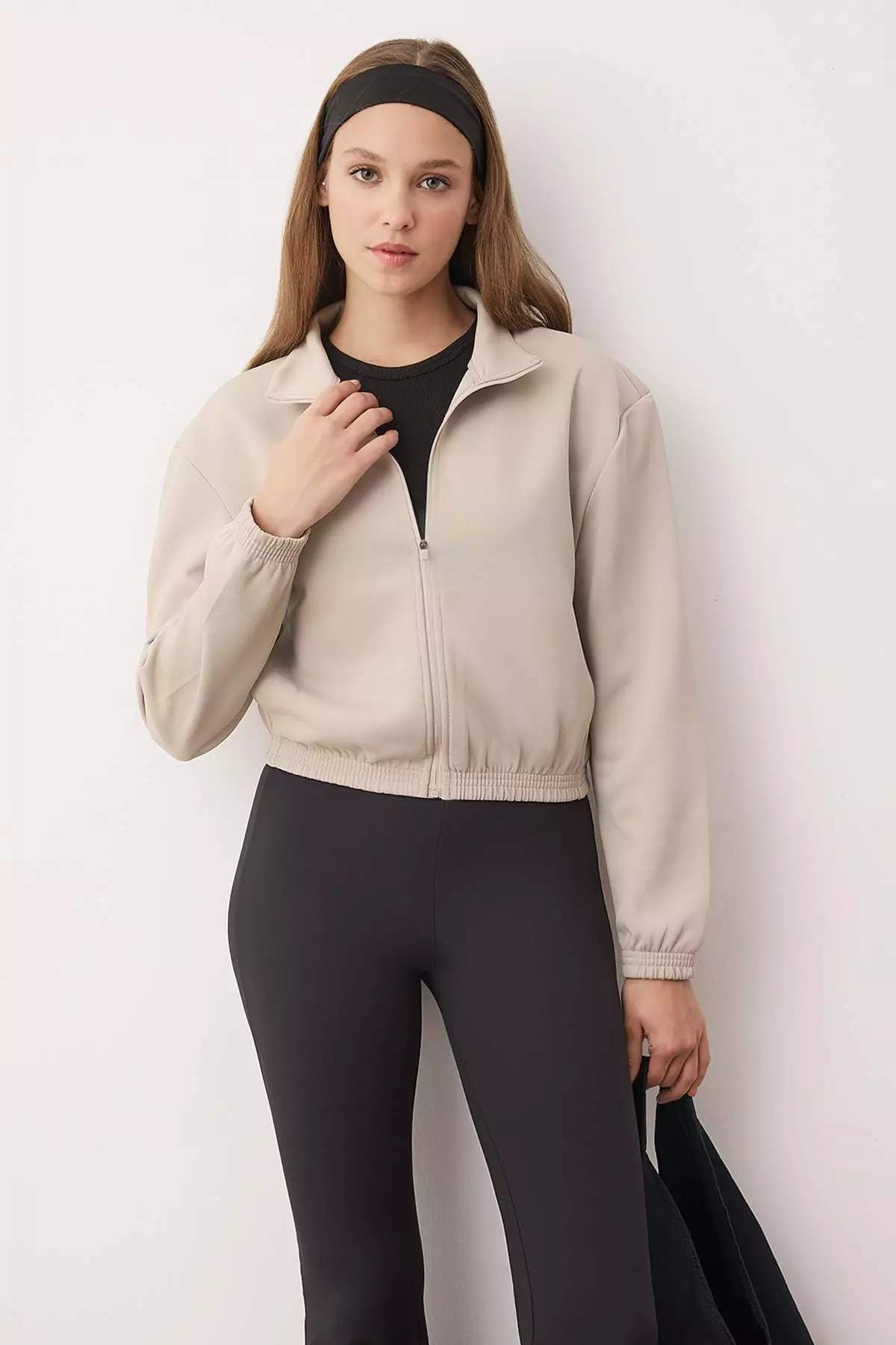 Beige Interlock Knitted Sports Jacket Thmaw26Sk13