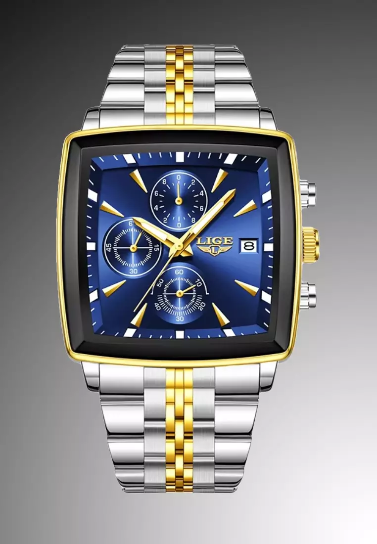 Chronograph Unisex Gold color finished Stainless Steel Quartz Watch 40X40mm, Green Dial, on Bicolor Bracelet