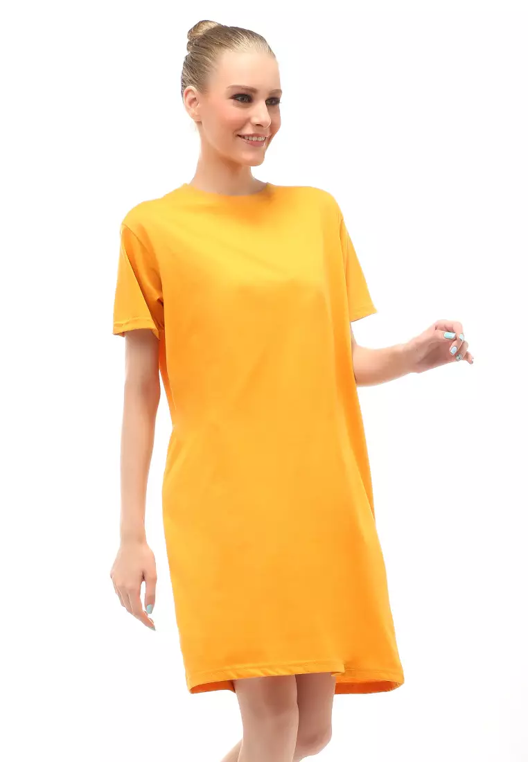 Finch Midi Dress Wanita Short Sleeves Motif Polos - Mustard