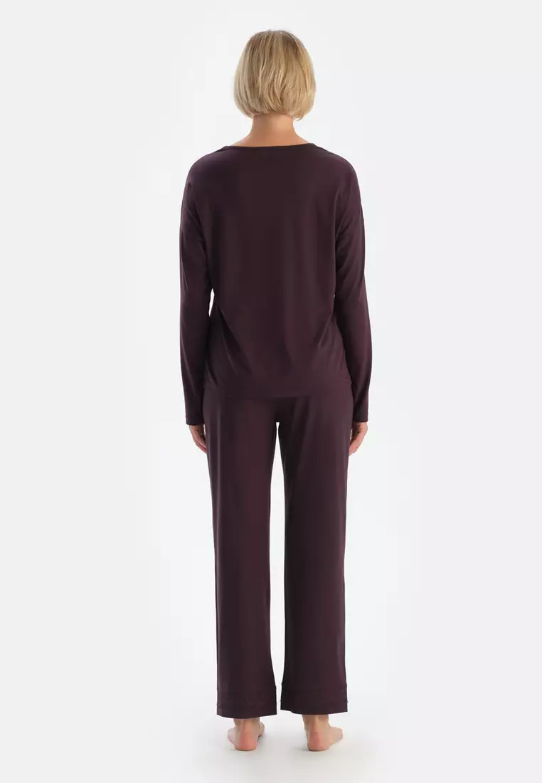 Damson T-Shirt & Trousers, Boat Neck, Regular Fit, Long Sleeve Sleepwear for Women