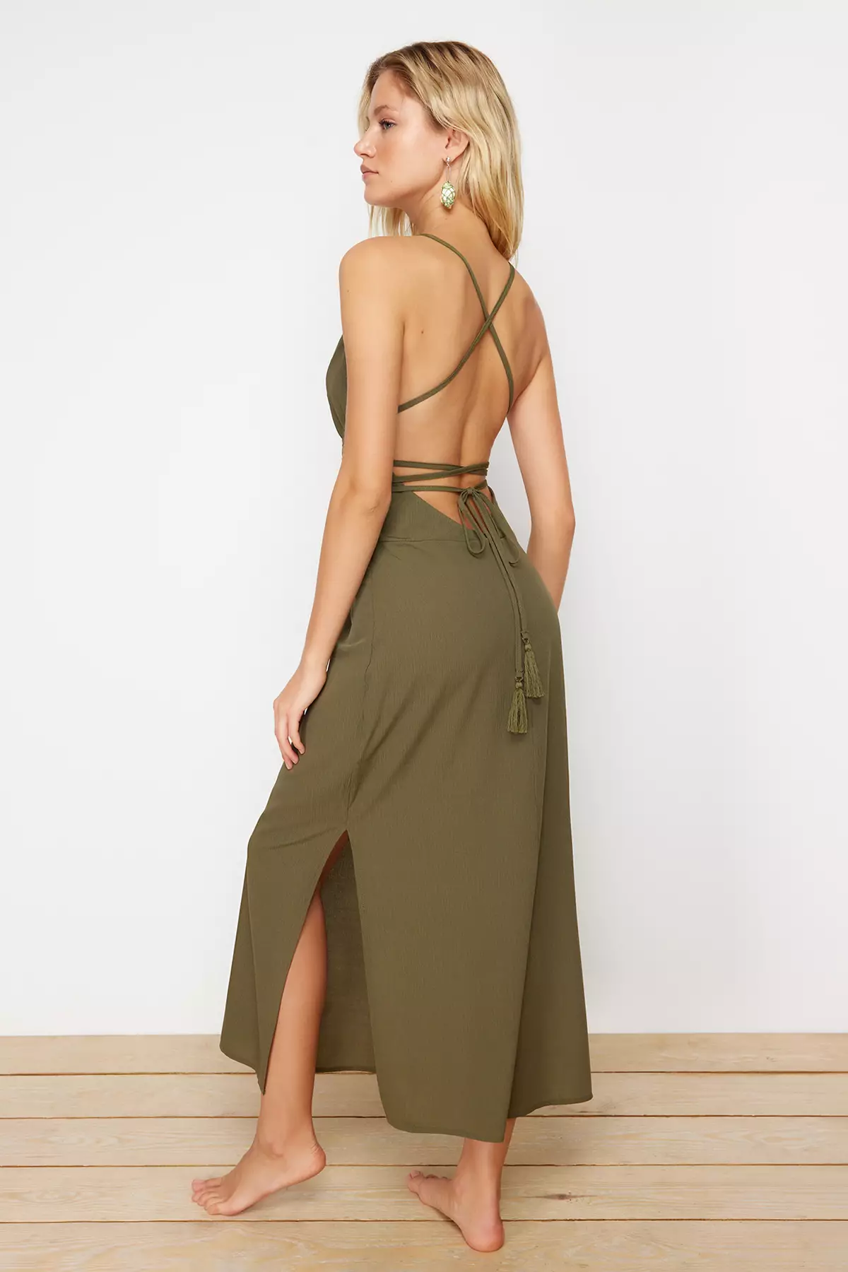 Khaki Midi Woven Backless Beach Dress