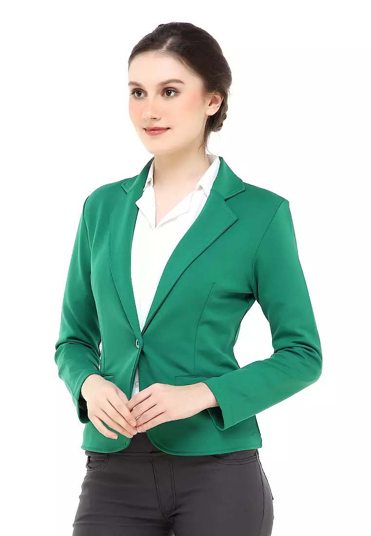Qemsya Jas Blazer Wanita Slim Fit Plain Suit Formal Longsleeve Suit Material Scuba ORIGINAL - Green
