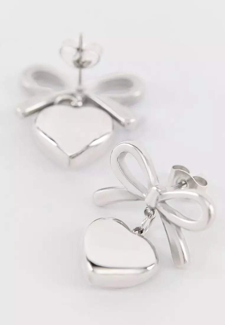 Bow Stud and Heart Pendant Earrings - Silver