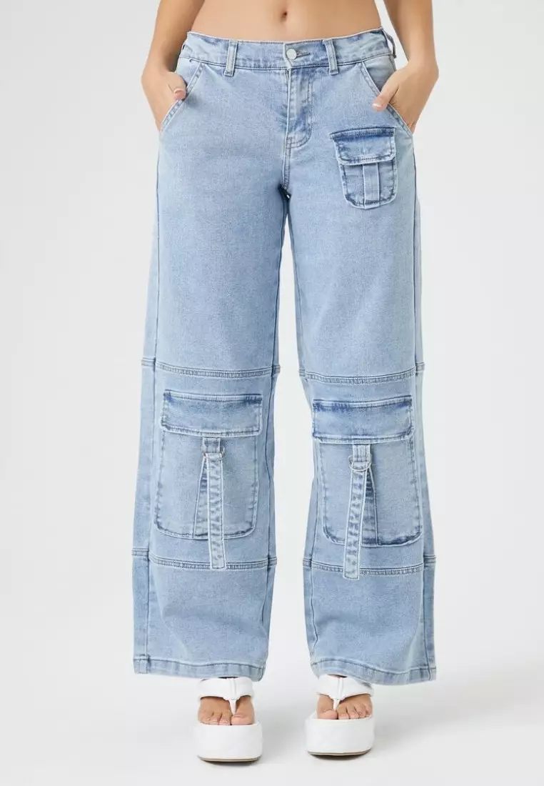 Forever 21 Girls Wide-Leg Cargo Jeans (Kids) Medium Denim,, 47% OFF