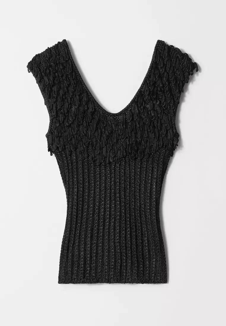 Fringed Rib-Knit Top