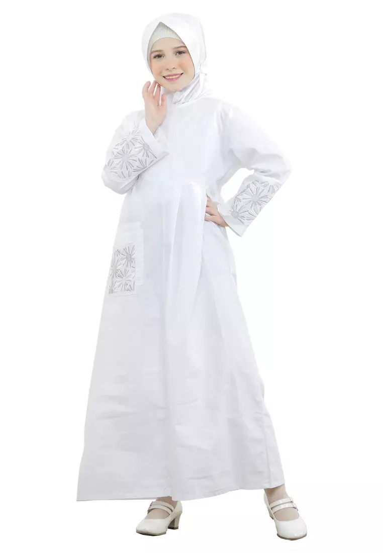 Jual Fayrany Baju Gamis Anak Warna Putih FGP-015 Bordir Abu-Abu