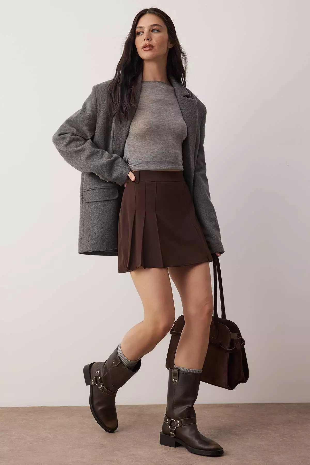 Dark Brown Pleated Detailed Mini Slit Mini Size Woven Skirt Twoaw26Et