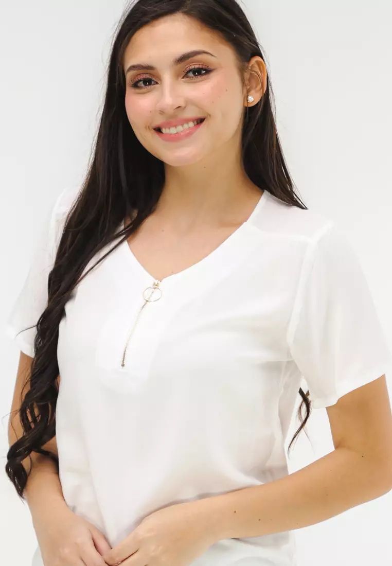 Woven Plain Rayon Short Sleeves Blouse