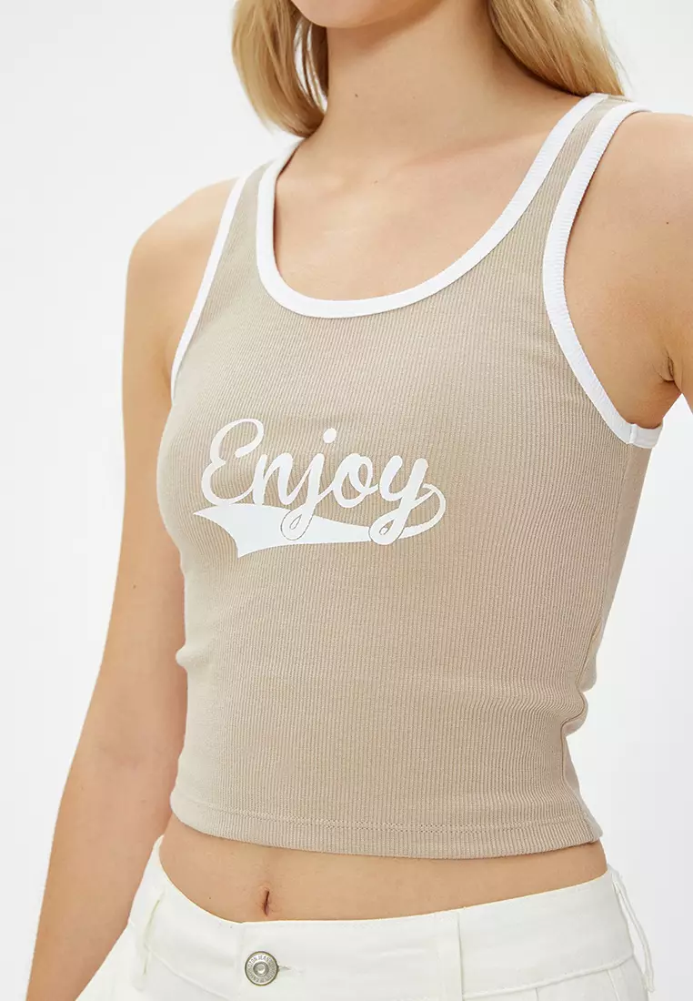 Slogan Printed Ribbed Top