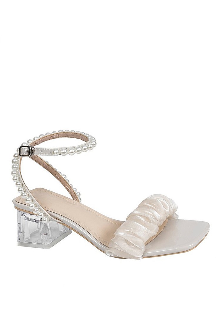 VANSA Ruffled Faux Pearl Strap Mid-heel Sandals VSW-S212