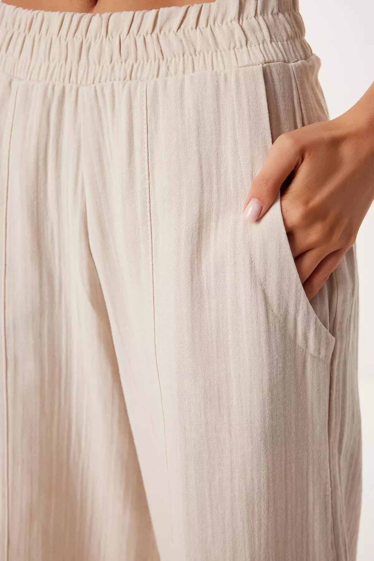 Women's Cream Pocket Wide Leg Linen Trousers Bv00172