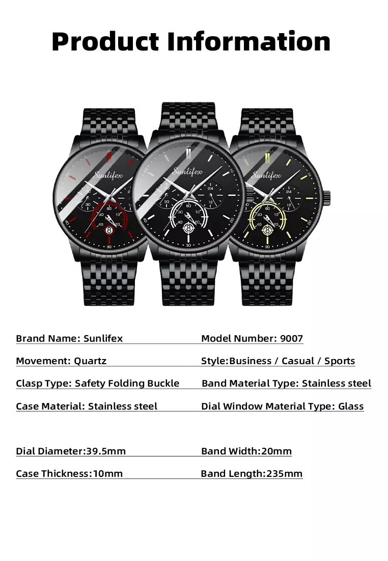 Jam Tangan Pria Original Bisnis Anti Air Kuarsa Jam Pria Calendar Tali Stainless Steel Jam Tangan Cowok 9007 black red