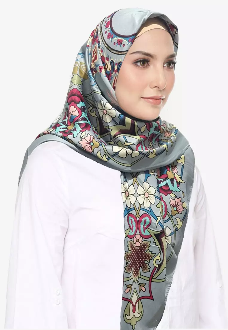 Aksarai Square Scarf Silky Satin Hijab Wanita Grey