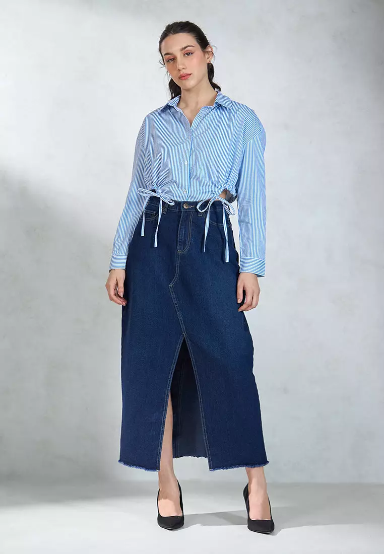 VIRGIO 100% Cotton Relaxed Tie Hem Striped Shirt