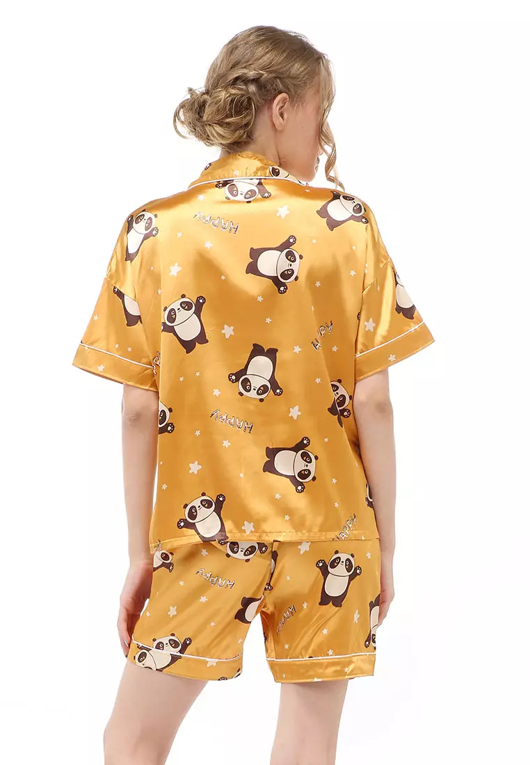 Vance Setelan Baju Tidur Wanita Lengan Pendek Motif Panda Material Satin ORIGINAL - Yellow