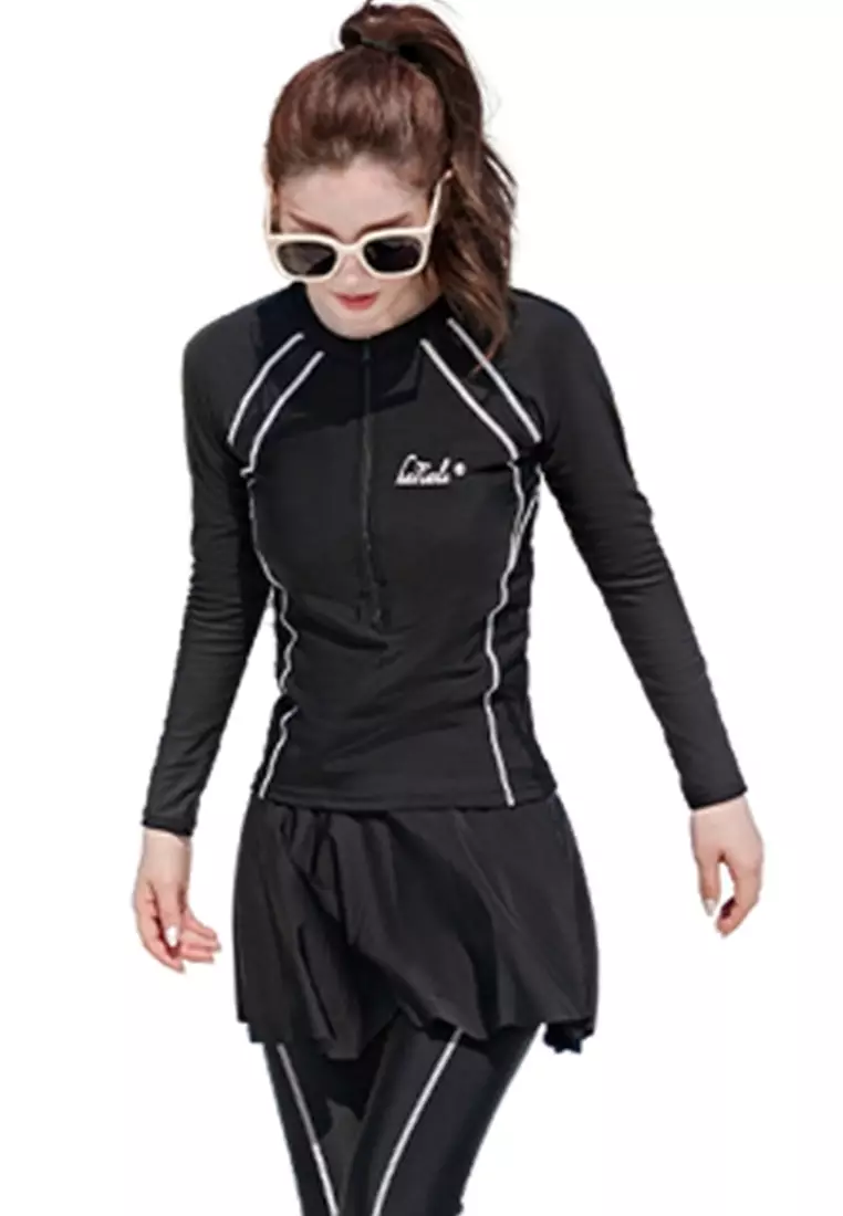 LYCKA LNN5056 Korean Lady Long Sleeve Rush Guard Swimwear Black