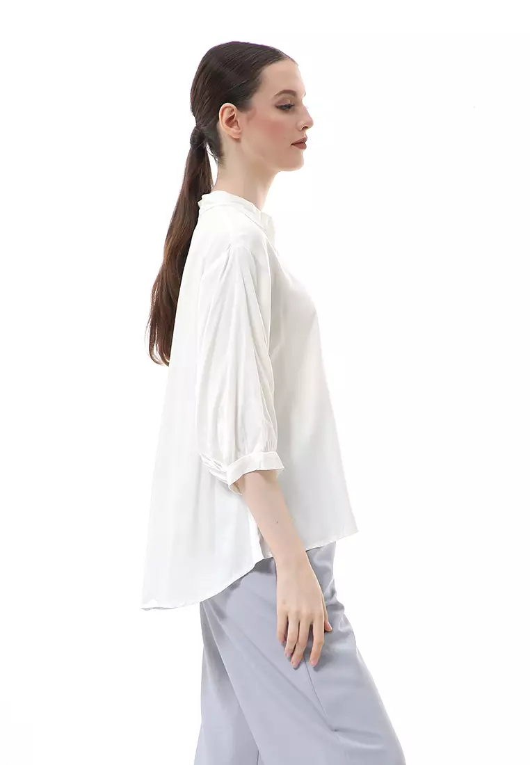 Ghita Kemeja Atasan Wanita Motif Polos Long Sleeve High Quality - Putih Gading