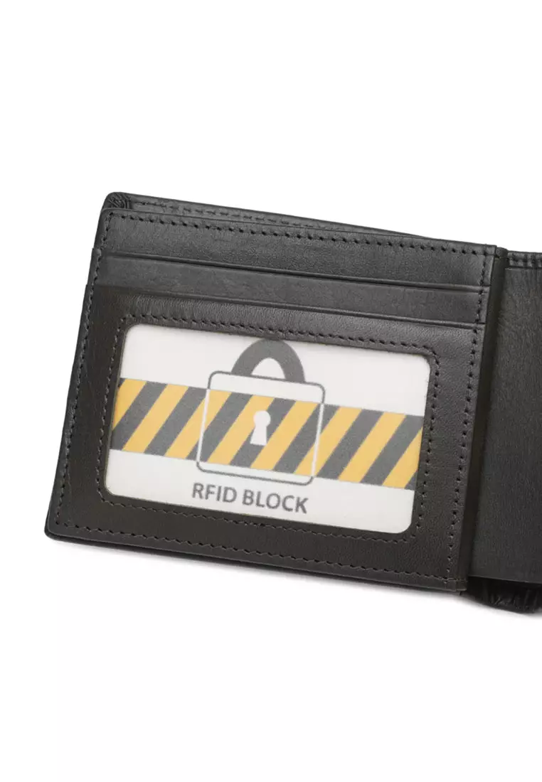 Men's RFID Blocking Tri Fold Wallet with Coin Compartment - Black