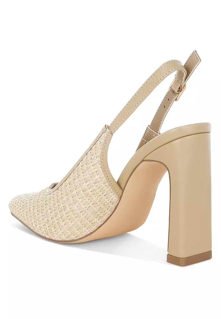 Raffia Pointy Toe Slingback Pumps In Beige
