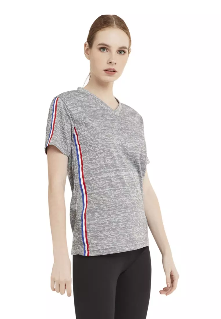 Marsya T-shirt Lengan Pendek Wanita V-neckline Aksen List Baju Atasan Regular Fit - Abu