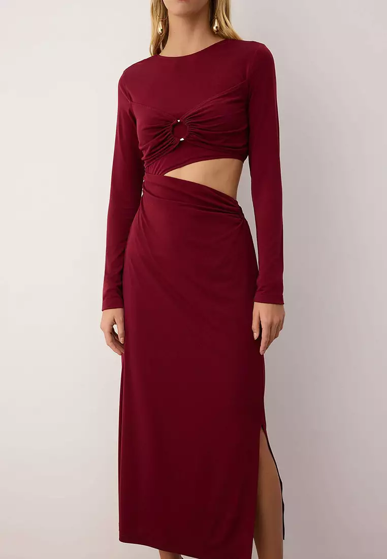 Burgundy Accessory And Waist Cut-Out Detail Knit Dress