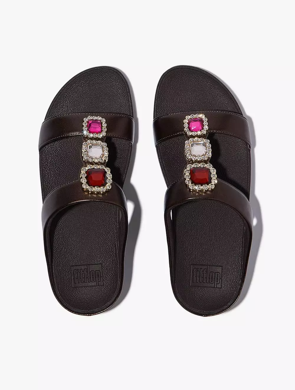 Fitflop Fino Crystal-Jewel H-Bar Slides - Metallic Chocolate Brown
