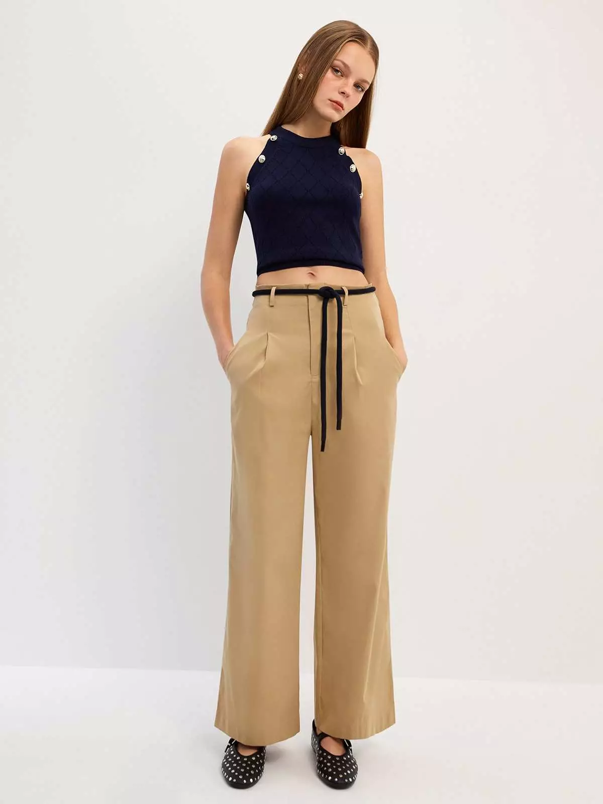 Pomelo - Celana Wanita - Rope Belt Straight Pants - Beige
