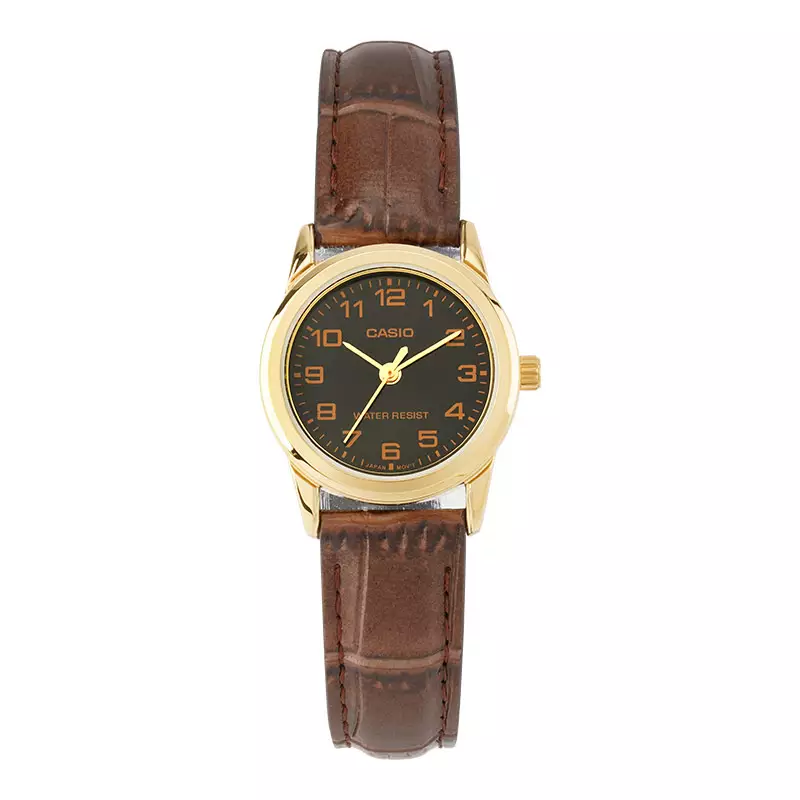 Jam Tangan Wanita Analog Casio Standard LTP-V001GL-1BUDF LTPV001 LTP-V001G Ladies Black Dial Brown Leather Band