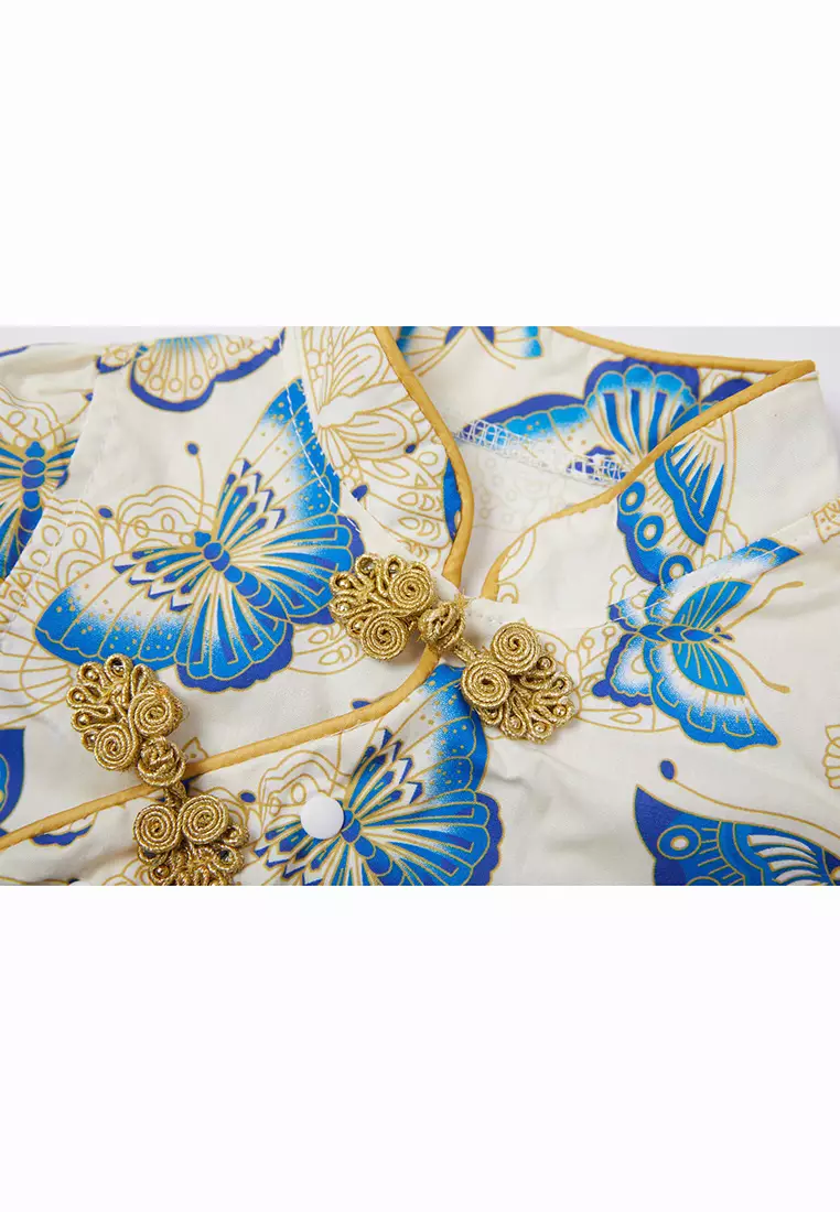 女童藍色蝴蝶漢服唐裝旗袍哈衣連體衣新年拜年衣服