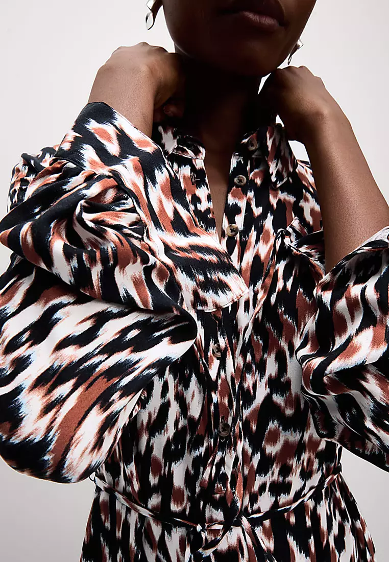 Printed Tie Waist Midi Shirt Dress