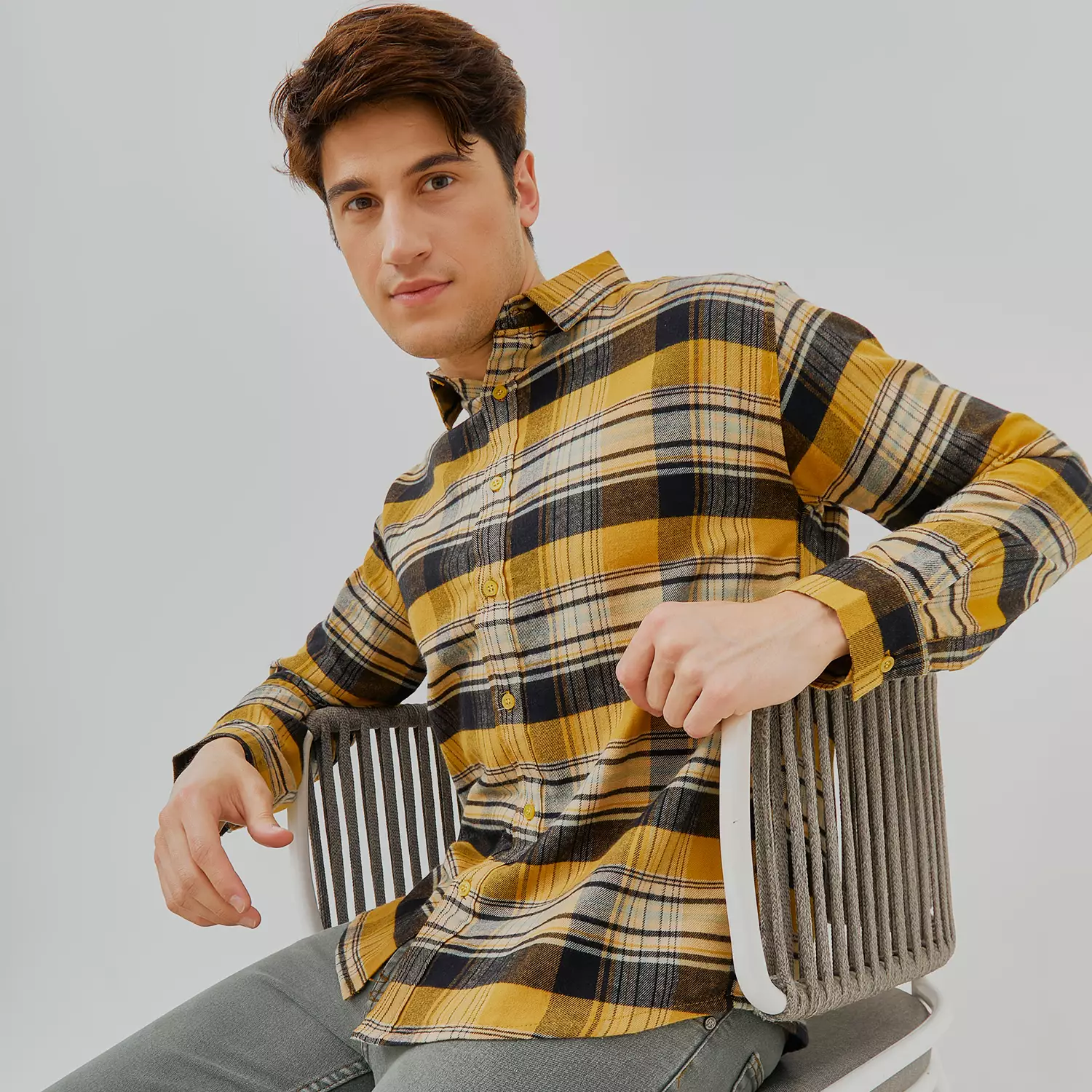 PAULMAY Kemeja Flanel Pria Lengan Panjang Kuning 6712