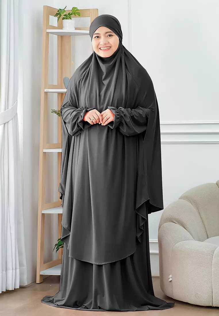 Wafa French Khimar Set | One Set Dress Abaya Syari - Black Pearl - XL