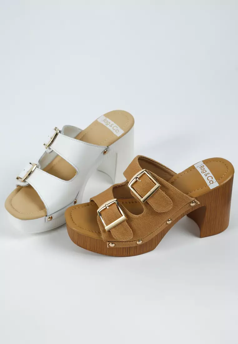 Bakiak Hak Blok Tinggi Tali Gesper Tan