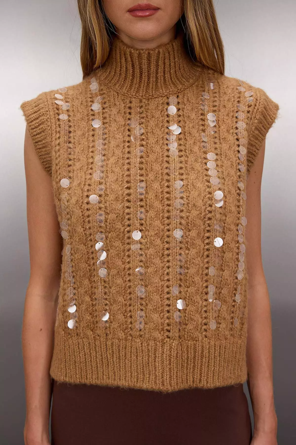 Camel Soft Textured Sequin Embroidered Knitwear Sweater
