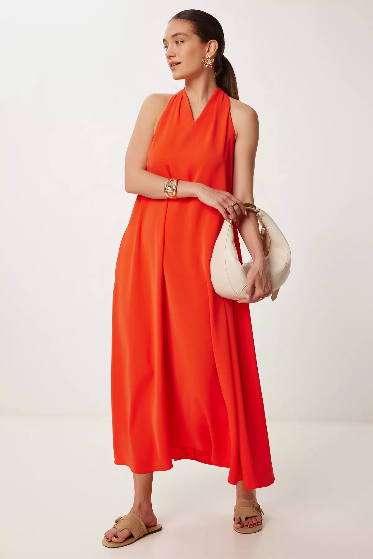 Women Orange Halter Neck Draped Long Stylish Dress Gk00014