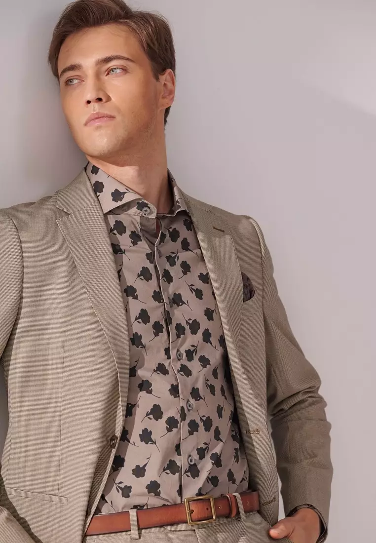 Khaki Green Floral Print Classic Fit Shirt