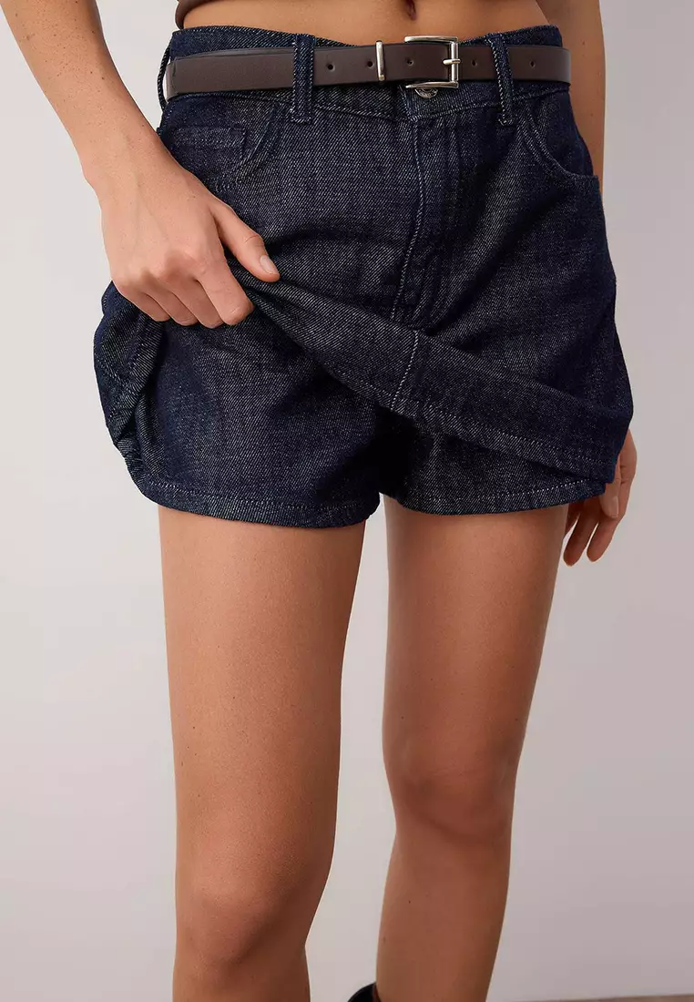 Belt Detailed Back Skirt Look Denim Skort