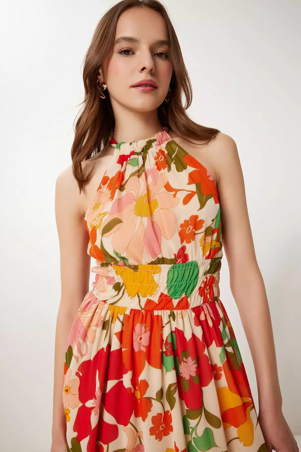 Women's Orange Pink Patterned Flounced Midi Chiffon Dress Fg00029