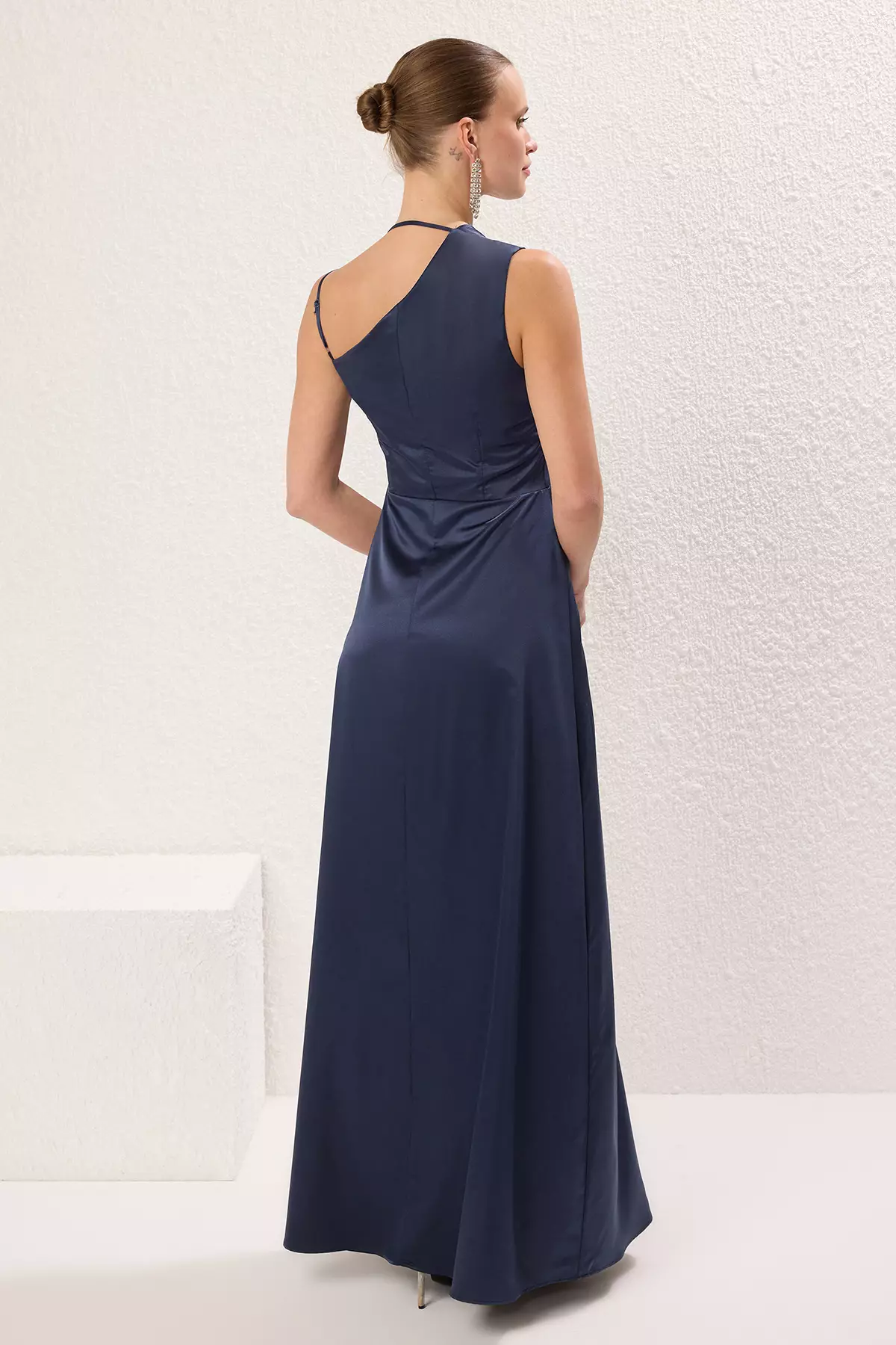 A-Line Cowl Neck Satin Woven Evening Dress