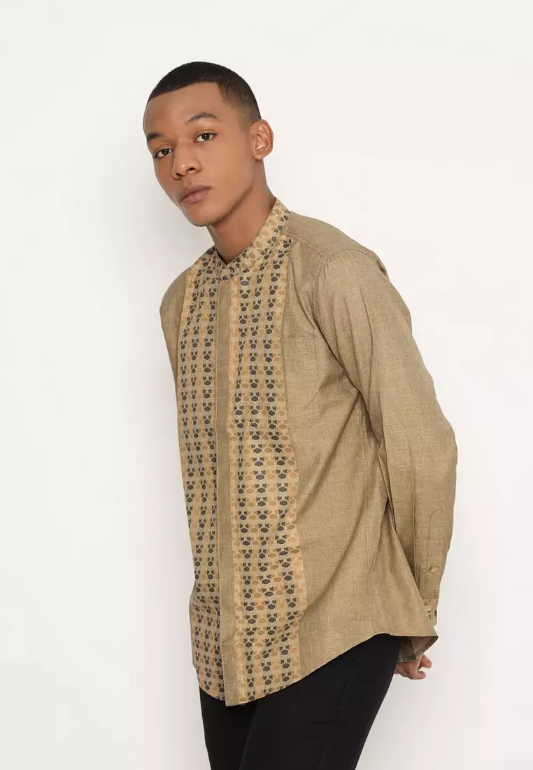 RBJ Kemeja Koko Border Coklat Regular Fit Lengan Panjang Pria