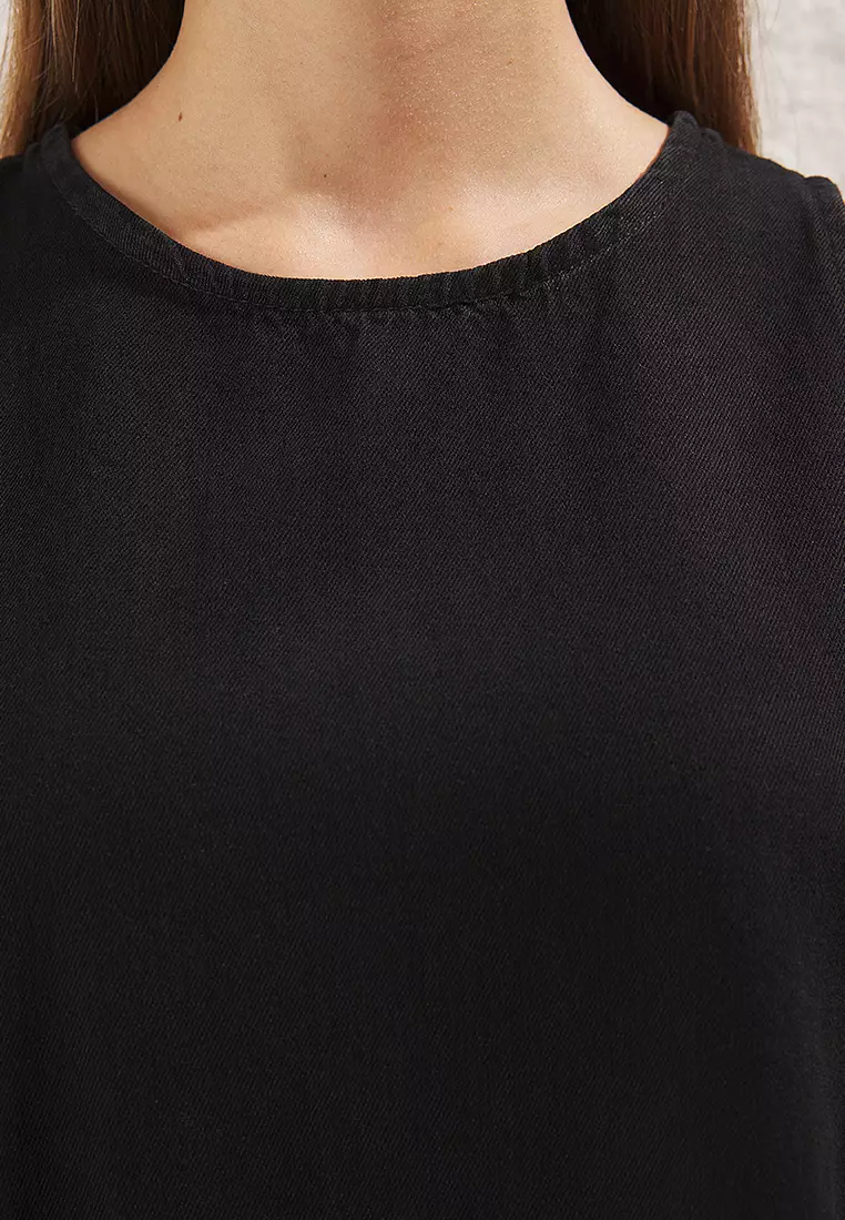 Black Flounce Oversize Mini Denim Dress