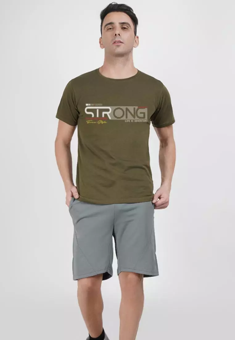 强力印花图案橄榄色棉质短袖圆领休闲 T 恤