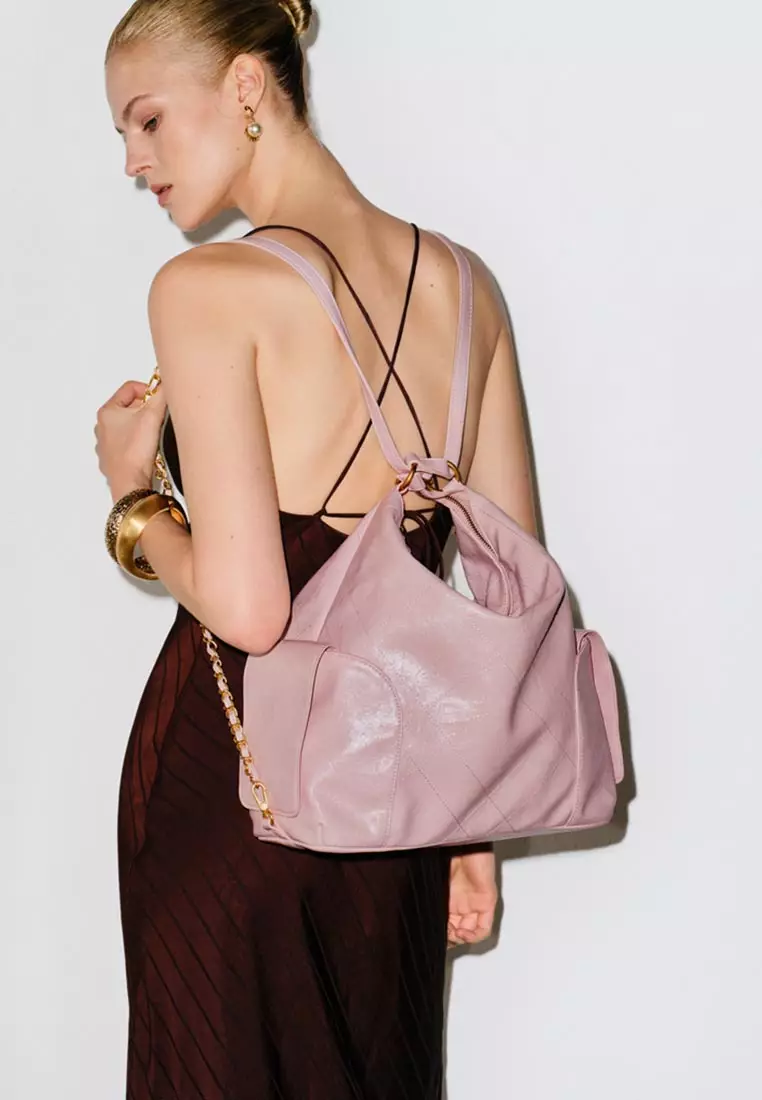 Pale Quilted Hobo Bag With Chain Strap