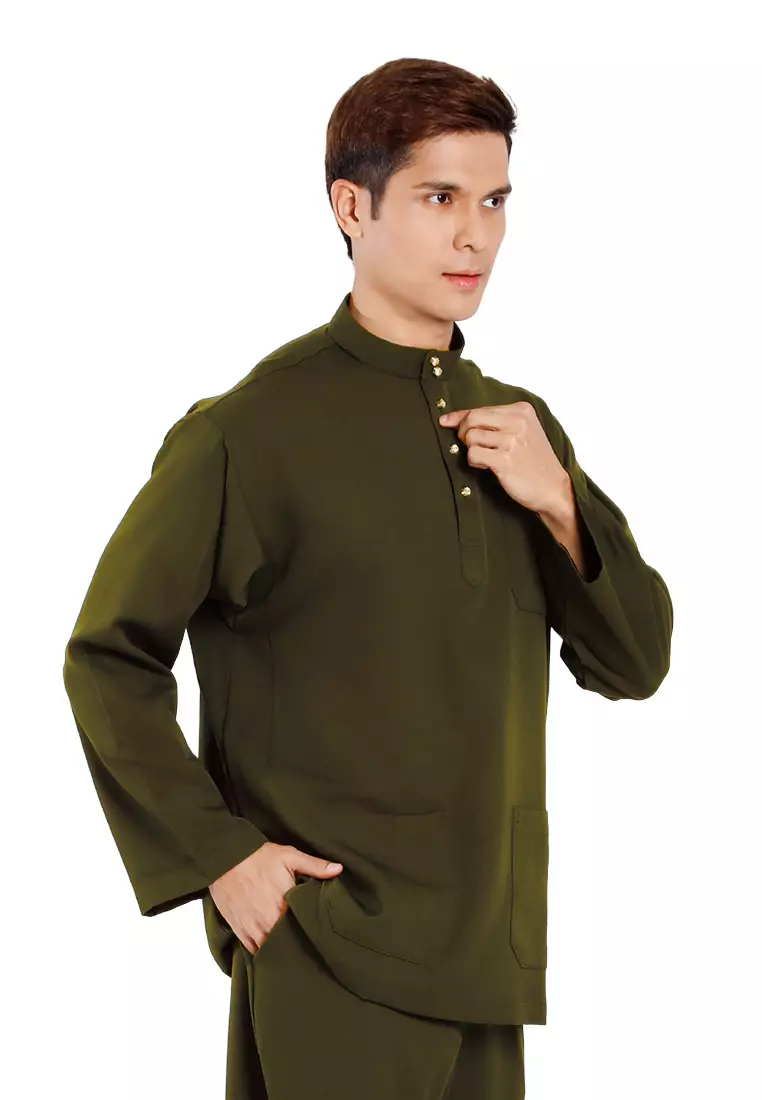 Alain Delon Baju Melayu Regular Fit Sedondon anak Budak - 19025001-47MossGreen