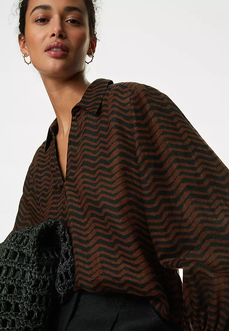 Pure Linen Printed Collared Popover Blouse