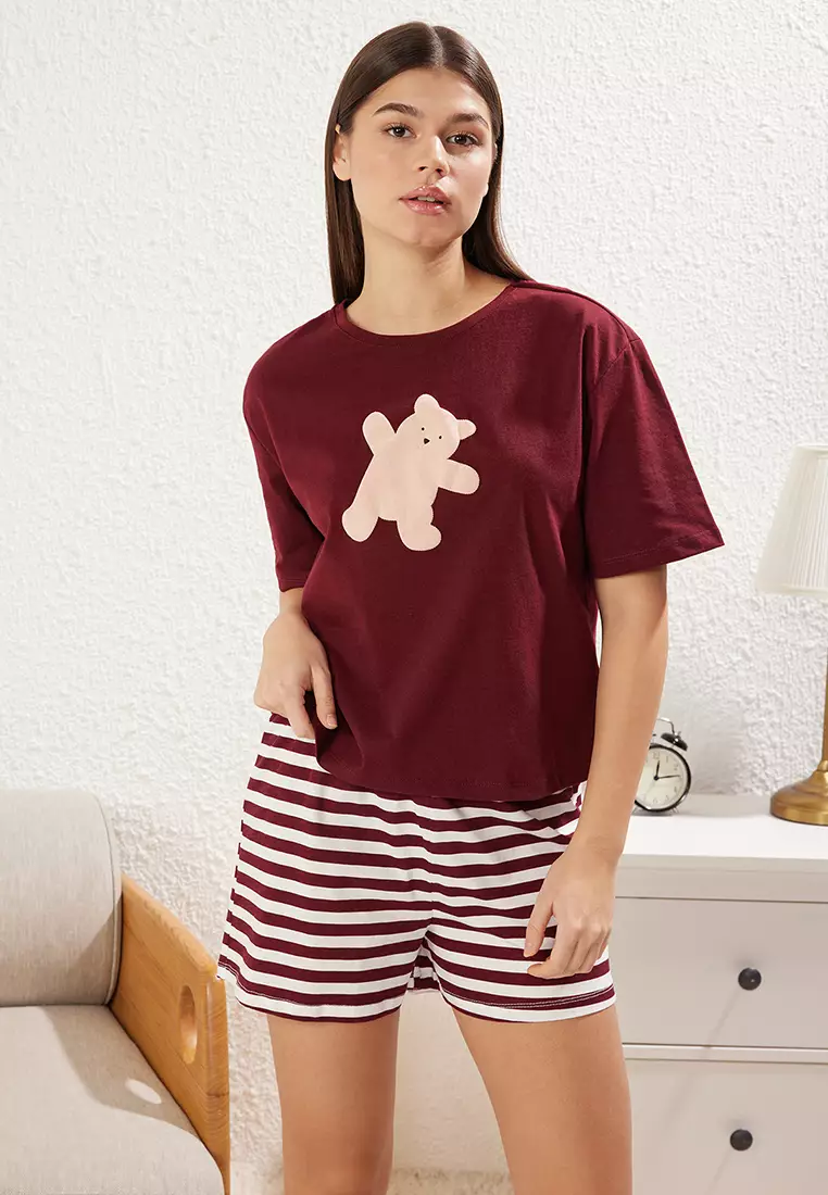 Claret Red Teddy Bear Shorts Knitted Pajama Set